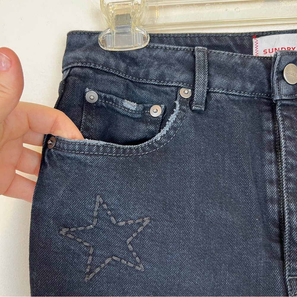Anthropologie Sundry High Rise Black Straight Leg Embroidered Star Jeans